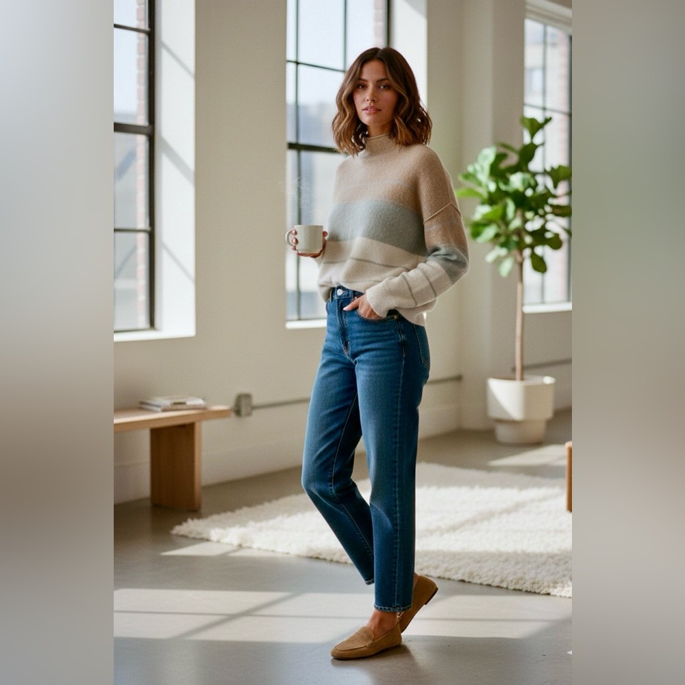 Anthropologie Pilcro Alani Cashmere Mock Neck Stripe Sweater-Medium